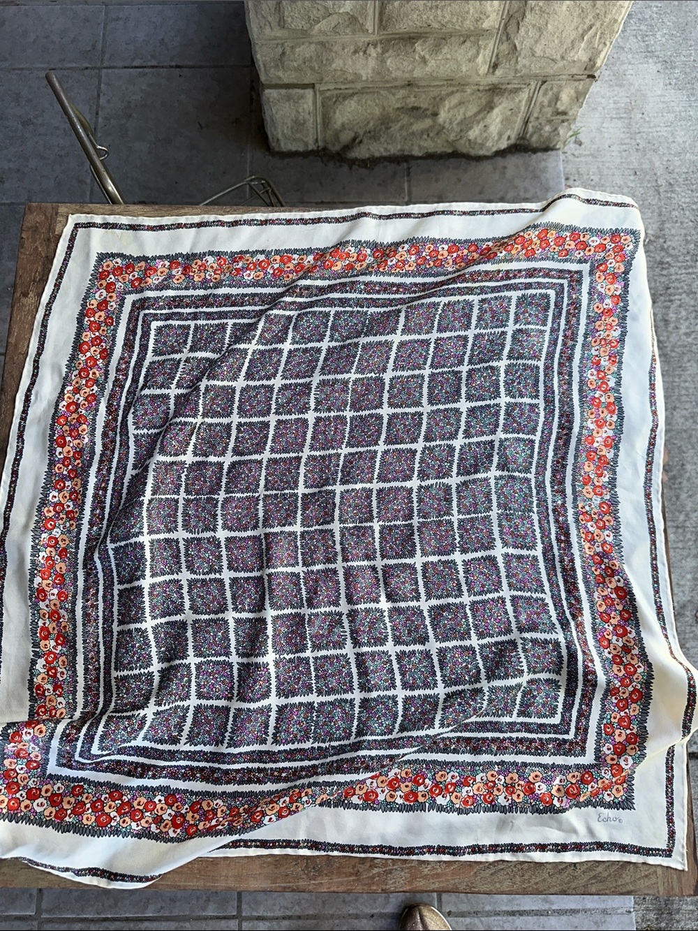 Vintage Echo Floral Border Silk Scarf with Signature